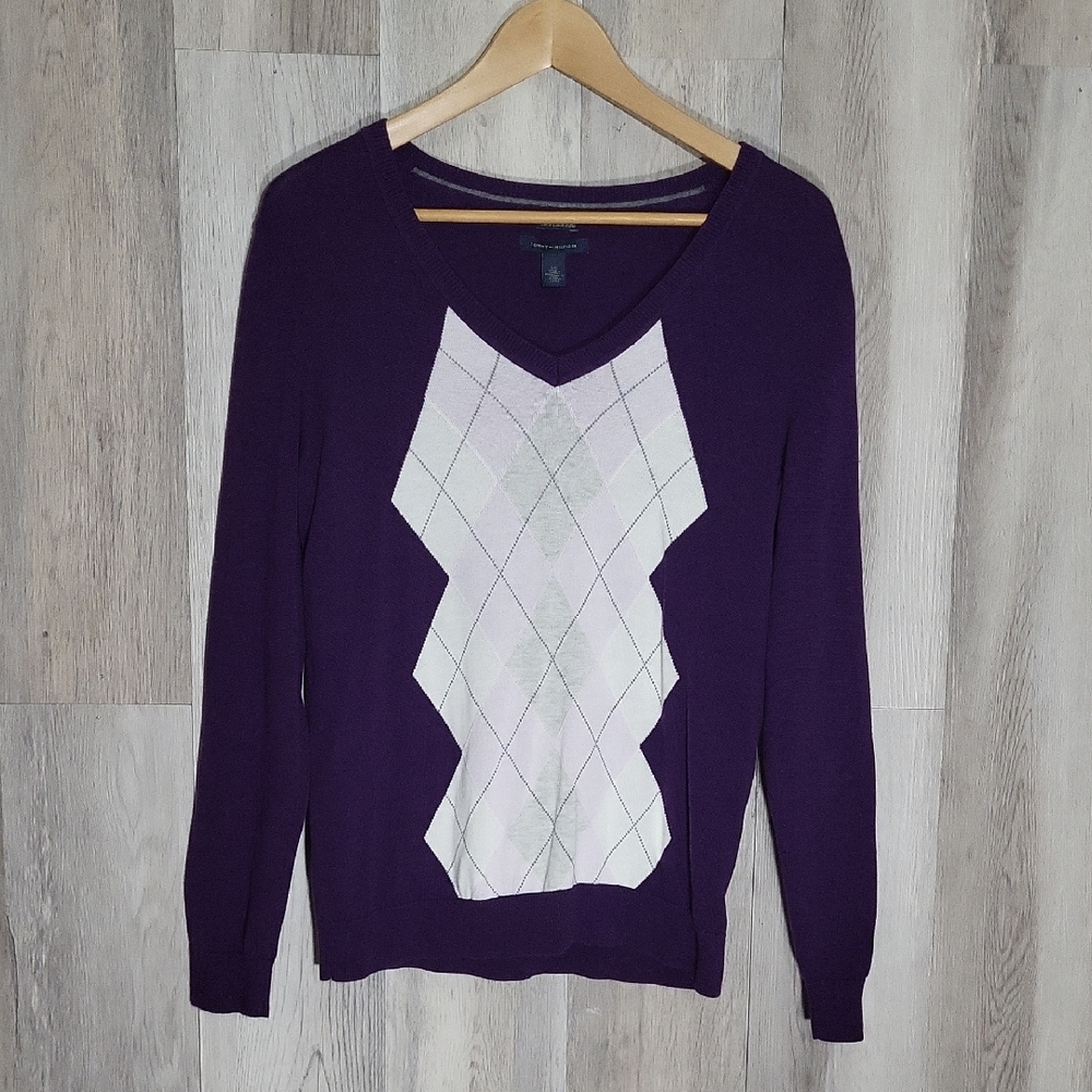 Tommy Hilfiger Womens Large Purple Argyle Sweater Pima Cotton Preppy Designer